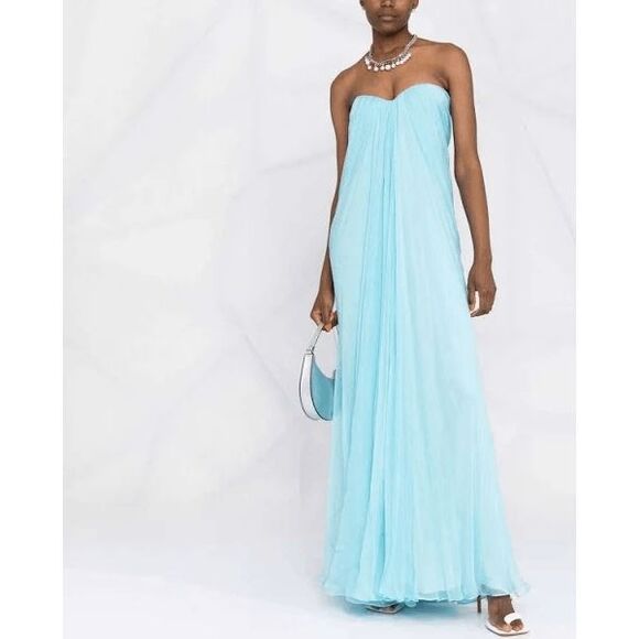 NWT Alexander McQueen Strapless Draped Silk Chiffon Train Maxi Dress Blue Sz IT